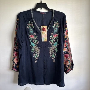 Camicetta top Johnny Was Pavone zibellino ricamata con bottoni blu M Medium - Foto 1 di 10