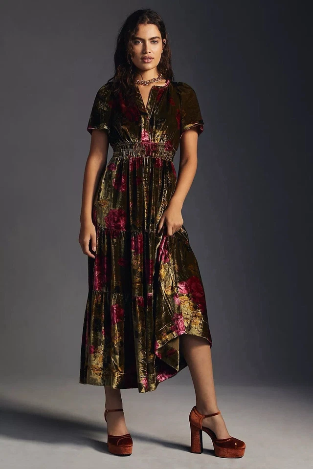 By Anthropologie Velvet Floral Somerset Maxi Dress Tired Size XSP - Image 1 of 4