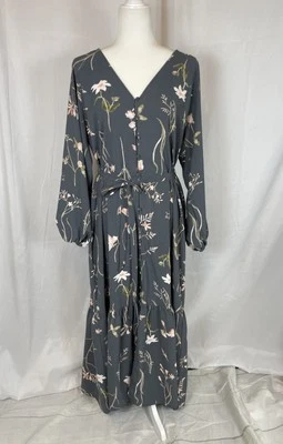 H&M Tie Belt Crepe Dress Gray Floral Long Button Present Sleeve Woman’s Size S - Image 1 of 4
