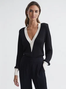 REISS Talitha Contrast Trim Knitted Jumper Top in Black Size S - Picture 1 of 5