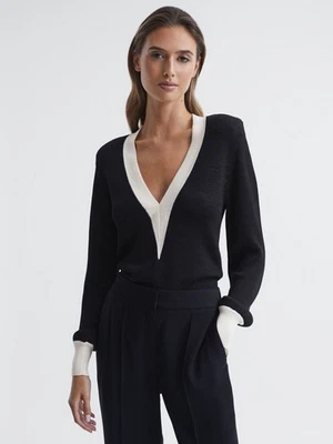 REISS Talitha Contrast Trim Knitted Jumper Top in Black Size S - Image 1 of 4
