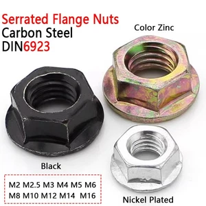 Serrated Flange Nuts Nickel Plated/Black/Color Zinc Metric M2 M2.5 M3 M4 M5-M16 - Picture 1 of 11