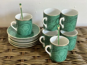 MCM Malachite Cup & Saucer Set Of 8 VTG Green Gold Neiman Marcus Teacups Small - Picture 1 of 9