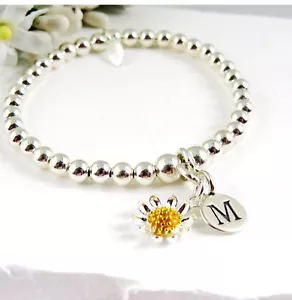 925 Sterling Silver Daisy Initial Charm Stretch Beaded Stacking Bracelet - Picture 1 of 6