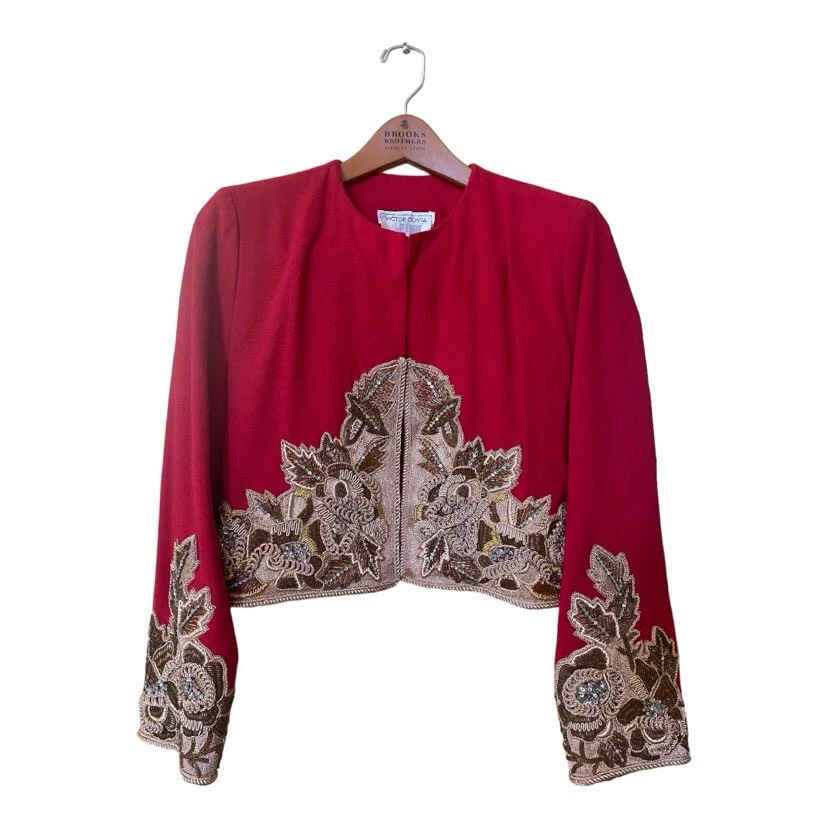 Chaqueta Bolero Vintage Diseñador Años 80 Victor Costa I.Magnin Alta Costura Lana Con Cuentas Foto 1 de 4