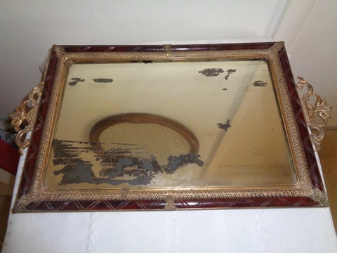 ART DECO 1920'S MIRRORED VANITY DRESSER PERFUME TRAY FOOTED BRASS FRAME -ESTATE Cover