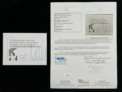 Michael Jackson Signed Inscribed Autographed Certificate JSA LOA 2 Cover