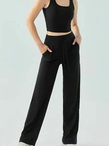 Women's High Waisted Wide Leg Lounge Pants With Drawstring And Pockets - Picture 1 of 22