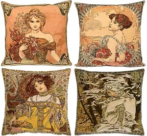 SET OF 4 NEW ALPHONSE MUCHA SEASONS 18" BELGIAN TAPESTRY CUSHION COVERS + ZIPS - Picture 1 of 12