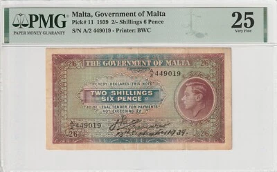 Malta 1939 2 Shillings PMG Certified Banknote VF 25 Pick 11 - Image 1 of 2