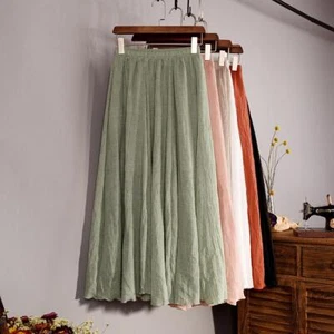 Boho Beach Maxi Skirt Lady Cotton Elastic Waist Long Dress A-Line Skirts Solid - Picture 1 of 32