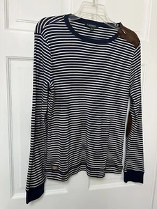 VTG Ralph Lauren  Womens Navy Blue & White Stripe Elbow Patch Shirt Top XL -NEW - Picture 1 of 9
