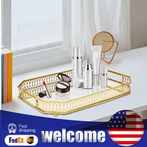 NEW Glass Vintage Metal Octagon Mirror Surface Tray Luxury Makeup Perfume Holder - Picture 1 of 18