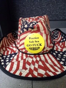 Vintage Patriotic Cowboy Hat With Adult Theme Pin And Strings - Picture 1 of 3