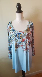 JM Collection Women's Plus 3X Floral-Print Top Tunic 3/4 Sleeve Scoop Neck Blue - Picture 1 of 14