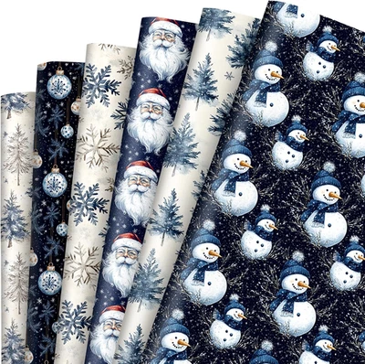 6 Sheets Vintage Christmas Wrapping Paper - Not Roll - Dark Blue Xmas Tree Santa - Image 1 of 4