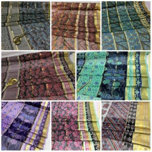 *NEU*Gold Lurex gestreifter Blumenmuster Rand Druck Chiffon Kleid/Handwerk Stoff *KOSTENLOSER VERSAND* - Bild 1 von 49