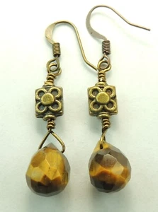 Tigerauge Briolette Ohrringe mit Bronze Blumen Handarbeit Schmuck - Bild 1 von 1