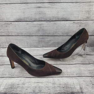 Vintage St John Suede Leather Pumps Women's Size 37 Brown Square Toe Low Heel - Picture 1 of 13