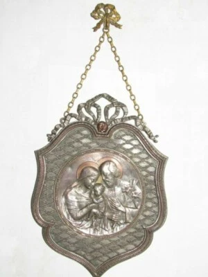 11H5 ANCIENNE ICONE CUIVRE ARGENTE MÉDAILLE SAINTE FAMILLE SIGNE REVILLON  - Photo 1/4