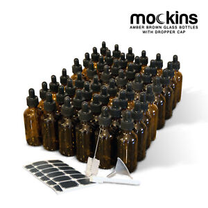 Mockins 48 pack Amber 2 Oz Dropper Glass Bottles With Funnel, Brush, & Labels