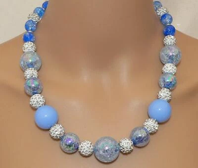 Halskette Perlen 20Ø Krakelee crash Strass glitzer Strass Blau Hellblau  379t - Bild 1 von 4