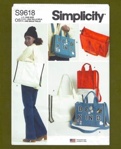 Tote Bags Sewing Pattern, Lined, Zip Top Closures, Strap Option~Simplicity 9618 - Picture 1 of 4