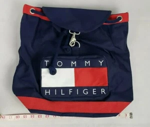 Vintage 90s Tommy Hilfiger Drawstring Backpack Bag Tote Flag Spellout Bold Vtg - Picture 1 of 7