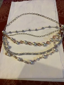 New Avon Fabulous Pearl White Tan Silver Multi-Strand Cluster Necklace 17 18 20" - Picture 1 of 8
