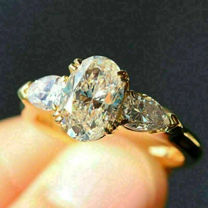 3Ct Oval Cut Diamond Ring Three-Stone Bridal Wedding Ring 14k Yellow Gold Finish - Picture 1 of 7