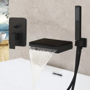 Bathroom Black Waterfall Spout Wall Mounted Shower faucet Set+Handheld Mixer Tap - Picture 1 of 9