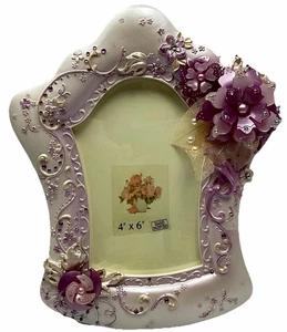 Purple Rhinestone Flowers Photo Frame 21cm Hand Painted Holds 4”x6” Photographs - Picture 1 of 19