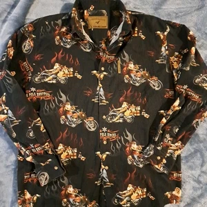 Mens North River Long Sleeve Graphic Print Button Up Shirt Motorcycle Medium - Picture 1 of 7