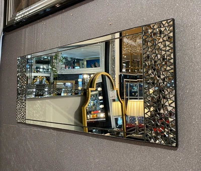 Miroir mural marocain fait main mosaïque noir argent encadré 34x80cm métal - Photo 1/4