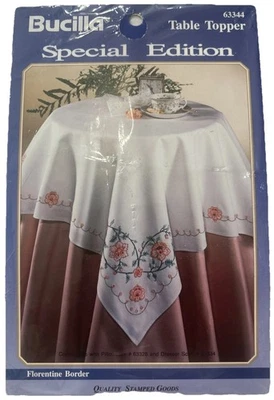 Vtg Bucilla Table Topper Stamped Cross Stitch Kit Floral Florentine Border 63344 - Image 1 of 4