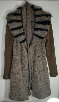 Lulumari Knit Tan/Brown Striped Coat Sweater Genuine Black Fur Size Small - Image 1 of 4