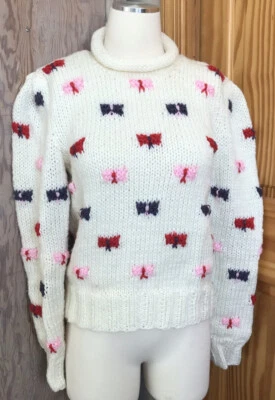 Suéter de punto vintage de los años 70 80 para damas MOD Cutie rosa y rojo lazos abuela usado en excelente estado Foto 1 de 4