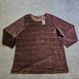 Quacker Factory Sweater Womens Size 2X Brown Sequin Stripe Velour Casual Basic - Picture 1 of 9