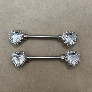 PAIR OF CLEAR CZ GEM HEART NIPPLE BARBELLS PIERCINGS RING NEW 14 GAUGE - Picture 1 of 1