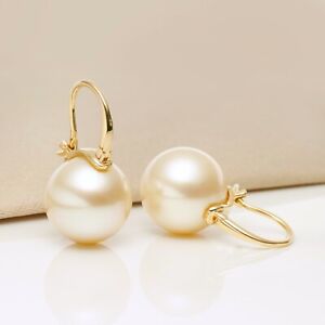 11.8MM Round Cream South Sea Cultured Pearl Earrings 14K Yellow Gold