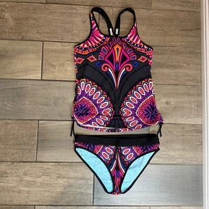 Athleta Tankini Swimsuit Set Drawstring Sides Colorful Print Size M - Picture 1 of 5