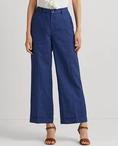 RALPH LAUREN Women's Pinstripe Linen Wide-Leg Cropped Pants Sz 10 NWT $195 Blue - Picture 1 of 5
