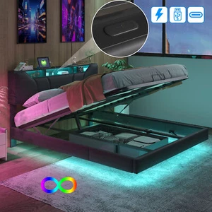 Polsterbett Doppelbett 140x200 aus Kunstleder Bettrahmen mit Bettkasten LED&USB - Bild 1 von 12