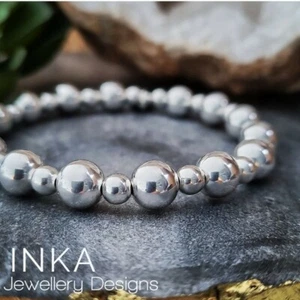 Inka 925 Sterling Silver CHUNKY Plain 8mm 5mm beaded Stacking Stretchy Bracelet - Picture 1 of 6