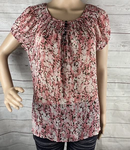 Apt. 9 Sheer Floral Blouse Small Pink Brown Smocked Shoulders Puff Sleeves Shirt - Picture 1 of 12
