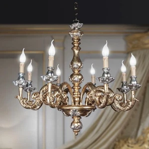 Lampadario legno artistico classico 8 luci FOGLIA ORO e ARGENTO MODELLO AGATA - Foto 1 di 6