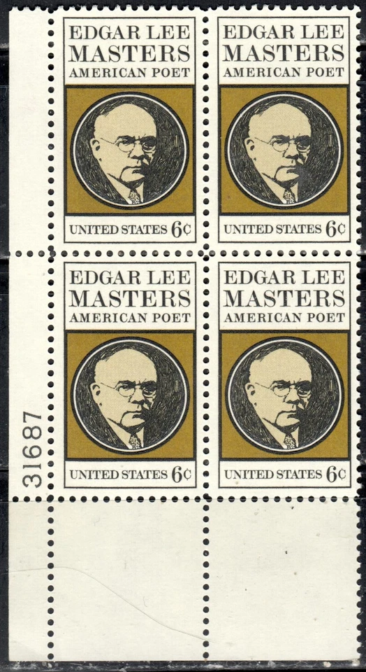 #1405 1970 6-cent E. L. Masters block of 4 with plate# MNH - Image 1 of 1