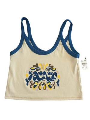 Roxy Tank Top Women's Size M Cream Blue Trim Logo Cropped Ribbed Wanderer NWT - Image 1 of 4