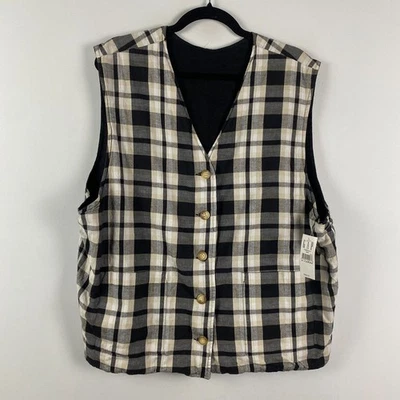 Colete Gap Feminino Extra Grande 100% Linho Reversível a Preto Xadrez Algodão Bolsos Camada - Imagem 1 de 4