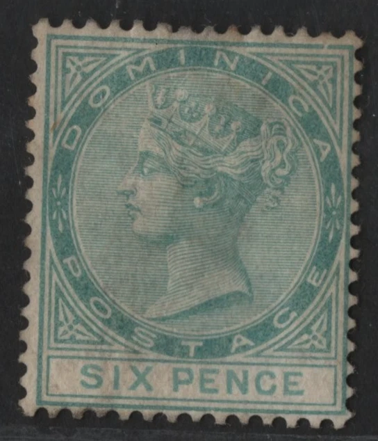 DOMINICA 1877 SCOTT #8 SEIS PENIQUES WMK CC PERF 14 COMO NUEVO CON BISAGRAS EN MUY BUEN ESTADO Foto 1 de 2